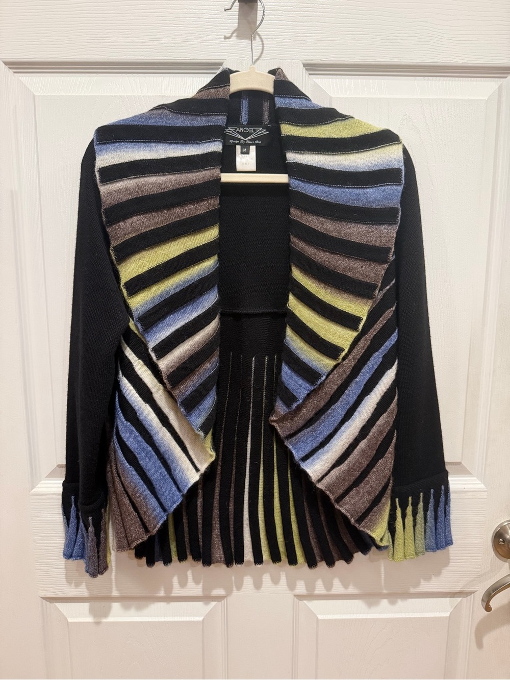 Angel Black Open-Front Striped Shawl Collar Cardigan